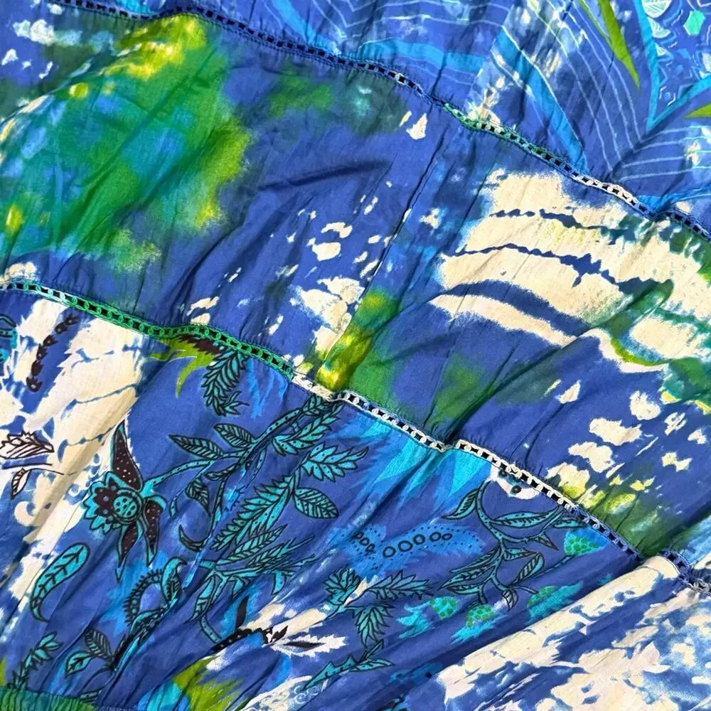 Chaudry KC Boho Tiered Maxi Skirt Blue Green Tie Dye Smocked Waist Small NWT